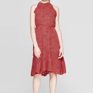 Who What Wear Red Black Leopard Cheetah Animal Print Ruffle Trim Halter Dress